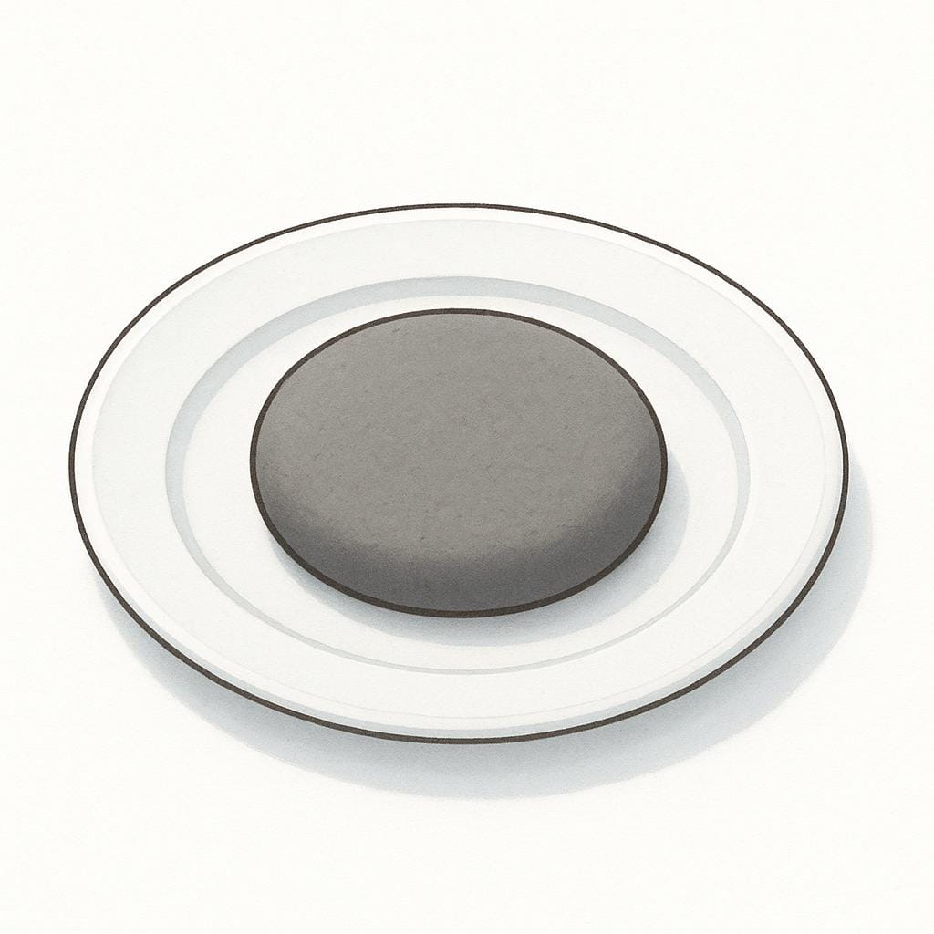 A plain gray, unexciting cookie rests by itself on a white plate, symbolizing mediocre or so-so quality.