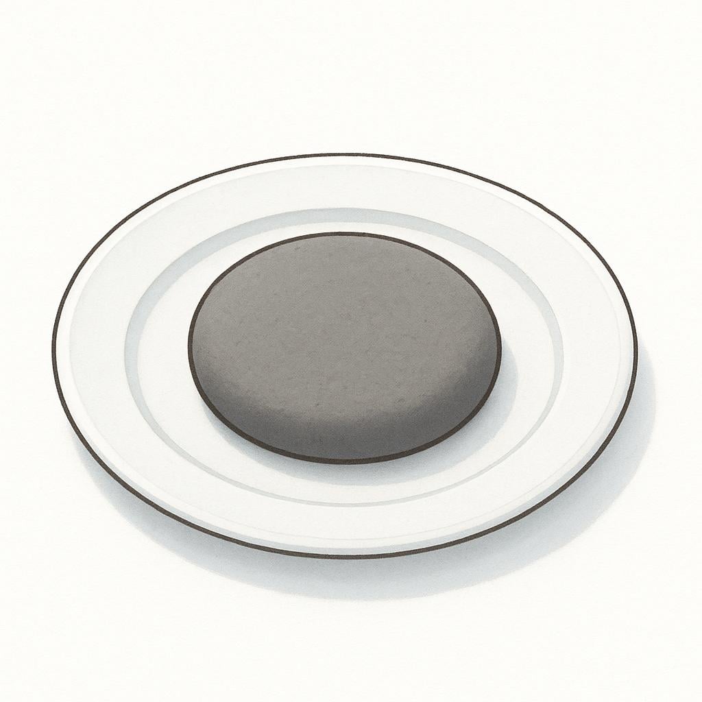 A plain gray, unexciting cookie rests by itself on a white plate, symbolizing mediocre or so-so quality.