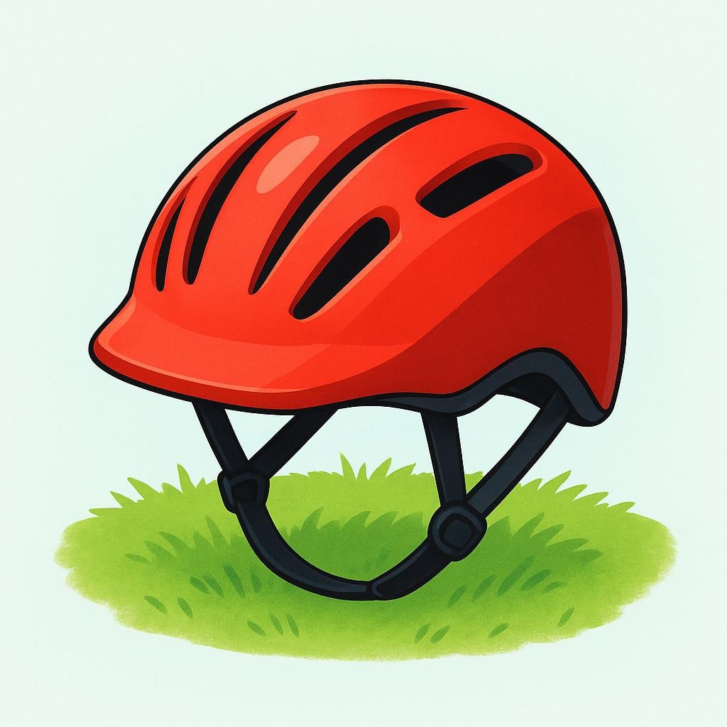 A sturdy, bright red bicycle helmet resting on a green patch of grass, representing a protective device.