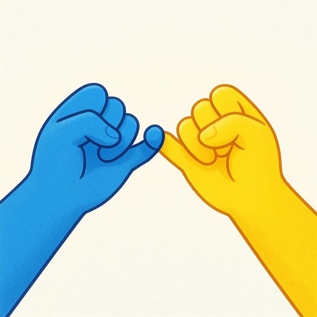 A close-up illustration of two stylized hands, one blue and one yellow, linking pinky fingers together in the gesture of a pinky promise, symbolizing commitment.