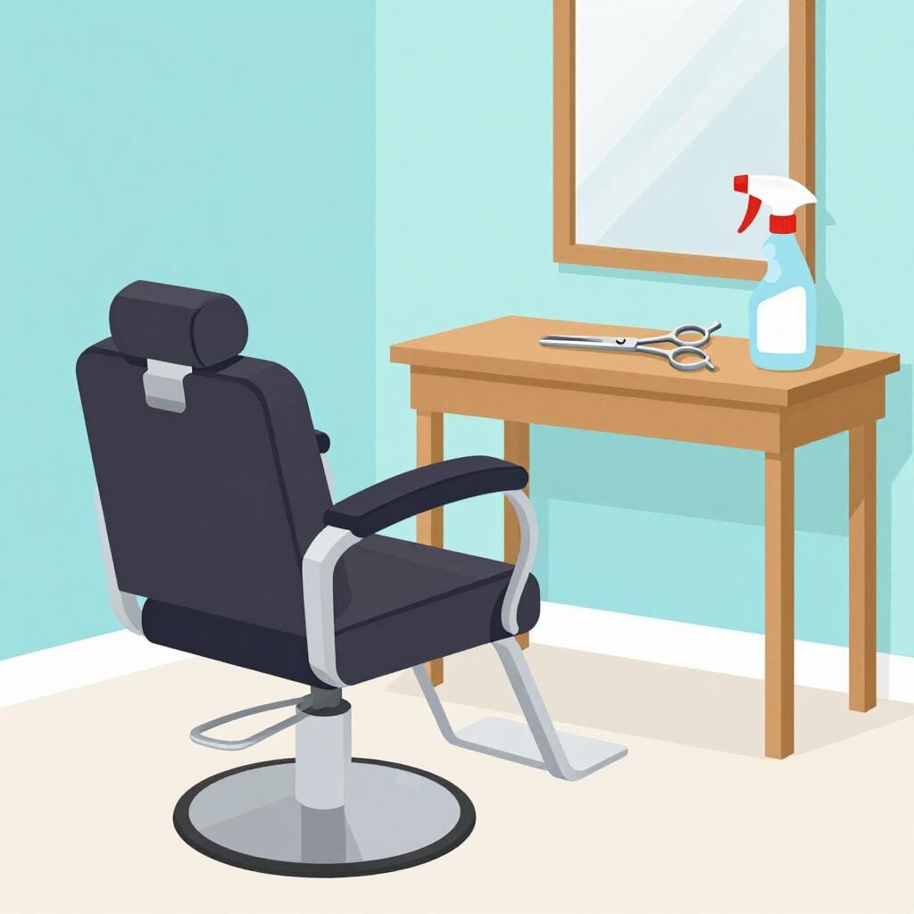 A colorful illustration of a professional hair salon chair next to a small table with scissors and a spray bottle.