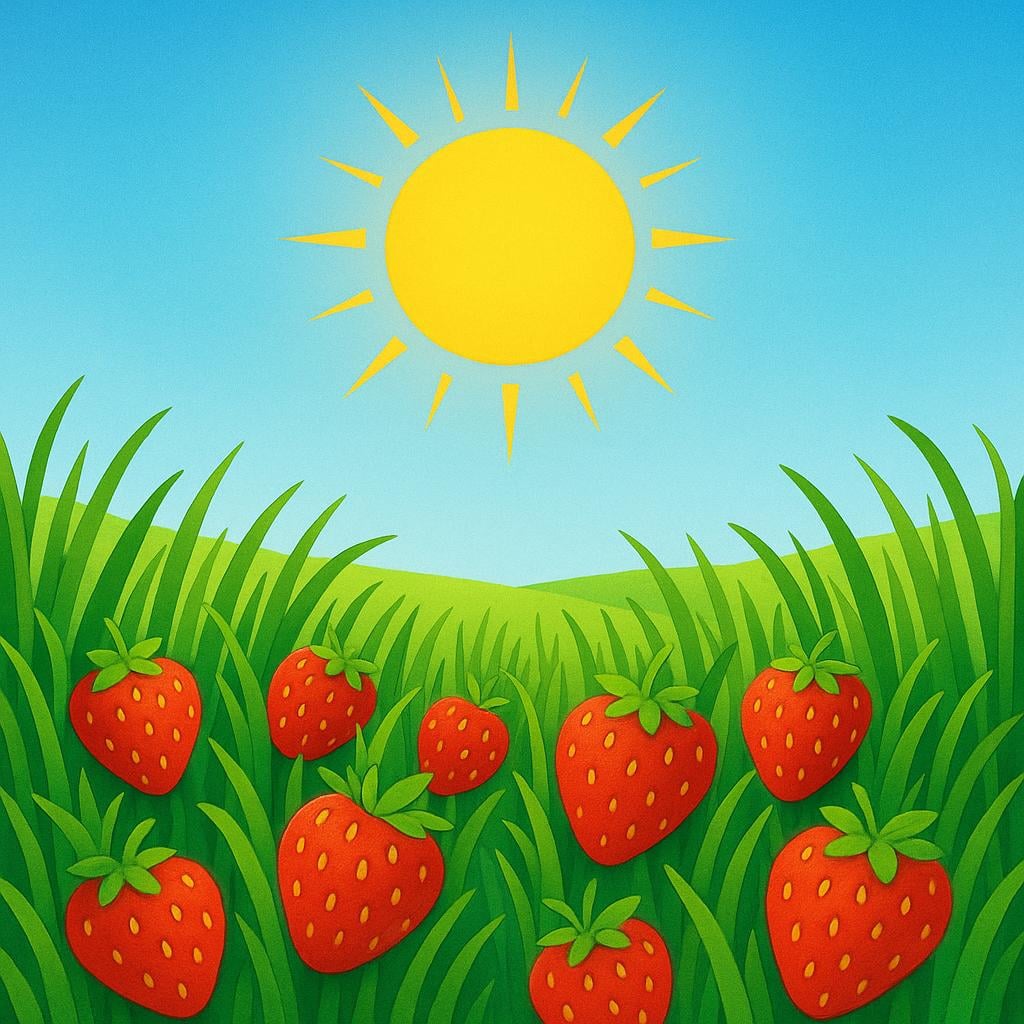 A vibrant storybook illustration showing a large yellow sun illuminating a lush green field filled with ripe red strawberries, symbolizing the summer month of June.