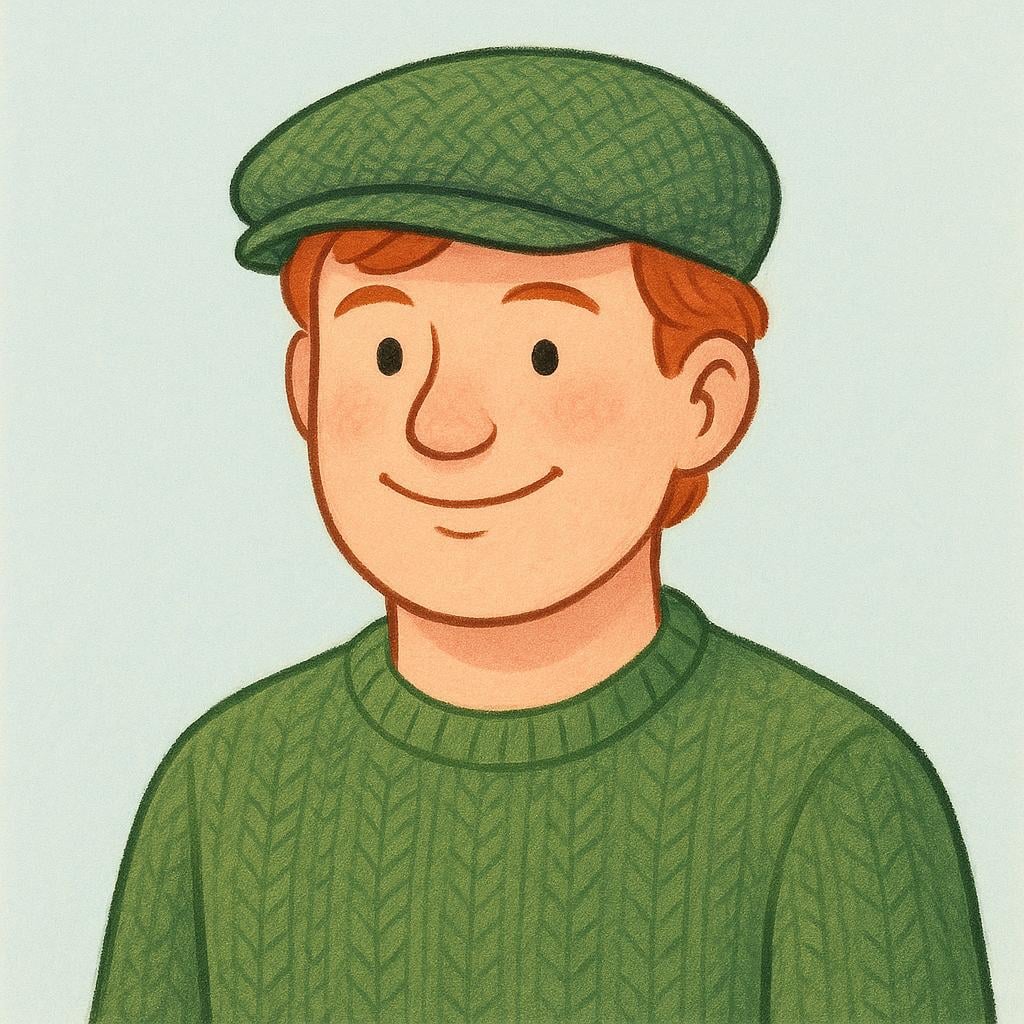 A simple illustration of a friendly man with red hair wearing a green tweed cap and a green sweater.