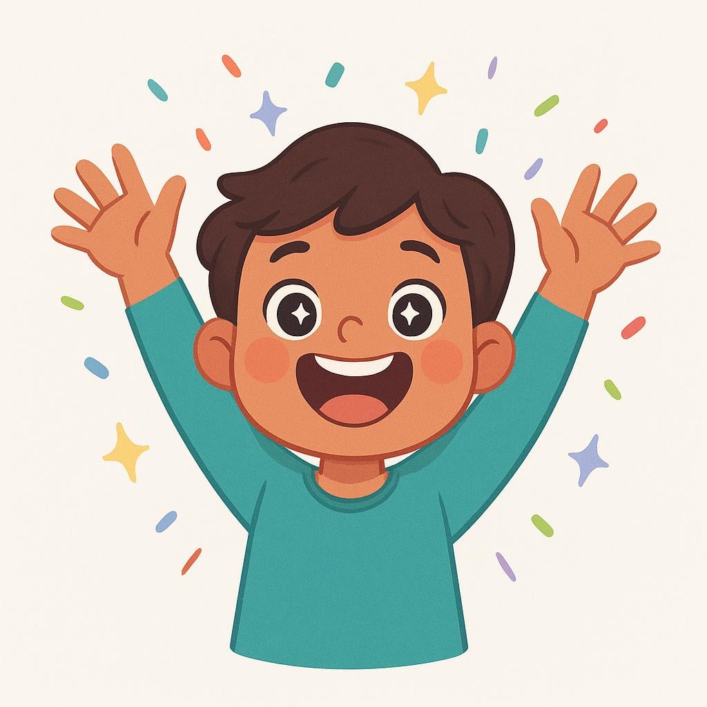 A single figure jumping up and throwing their arms in the air, expressing intense joy and delight.