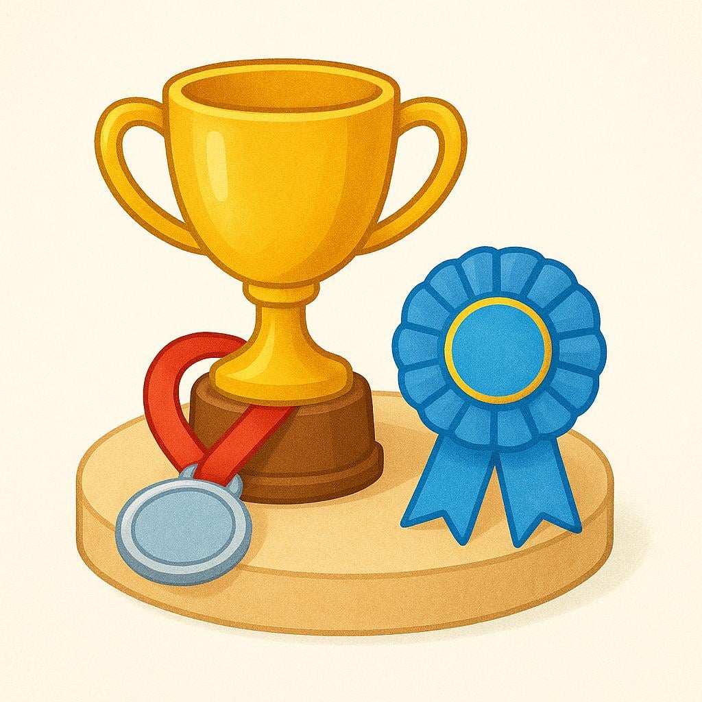 A collection of brightly colored rewards, including a shining golden trophy, a silver medal hanging from a red ribbon, and a blue winner's ribbon.