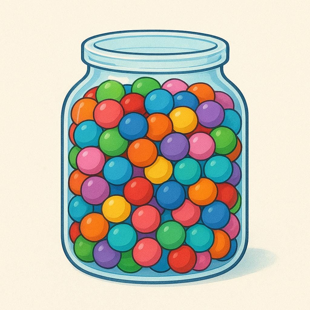 A transparent glass jar that is filled precisely to the brim with colorful, round candy pieces, indicating sufficiency.