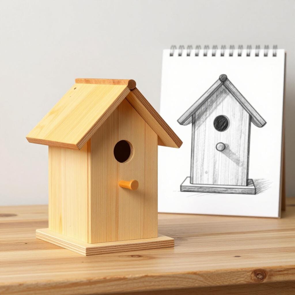 A wooden birdhouse sitting on a workbench next to a blueprint drawing of the same birdhouse.