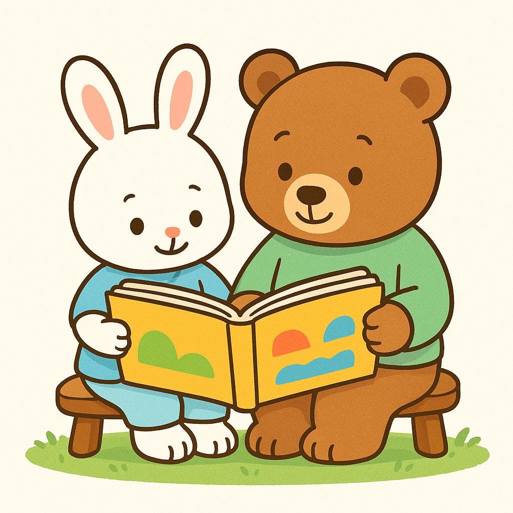 Twee stripfiguren, een konijn en een beer, zitten naast elkaar op een bankje en lezen beiden identieke, felgekleurde boeken.