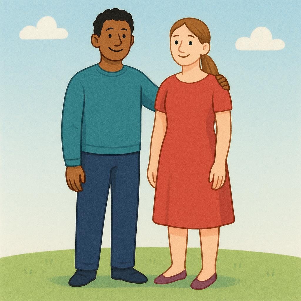 A colorful storybook illustration showing a tall man and a tall woman standing together and smiling, representing fully grown people.