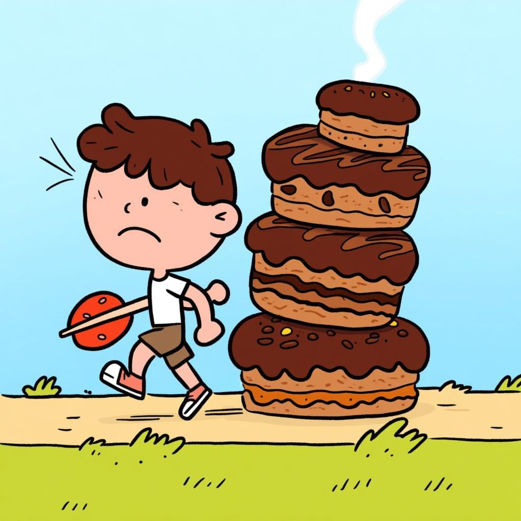 A determined young person walks resolutely down a path, ignoring a colossal, distracting stack of delicious chocolate pastries placed directly beside them, symbolizing willpower.
