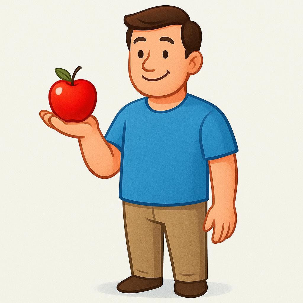 Ein glücklicher Mann, der einen leuchtend roten Apfel in einer Hand hält, was den Besitz in der Vergangenheit veranschaulicht.