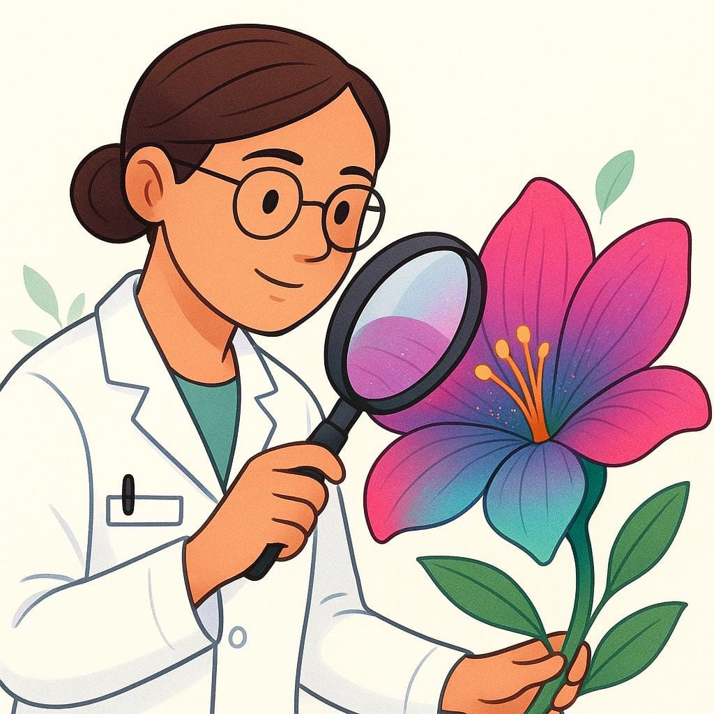 A botanist, acting as a specialist, meticulously examining a rare, exotic flower using a magnifying glass in a greenhouse setting.