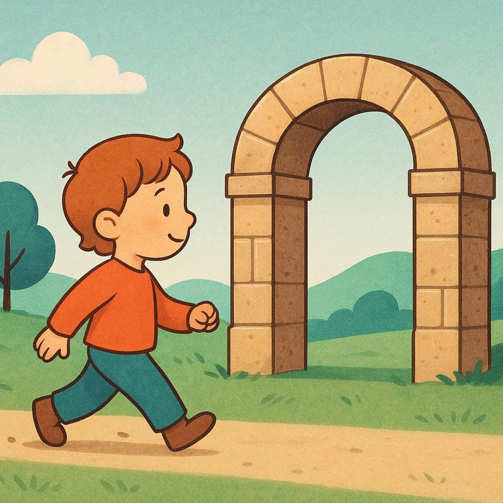 Een kind in een felgeel shirt loopt langs een grote, eenvoudige blauwe boog, wat de handeling van iets doorgeven illustreert.