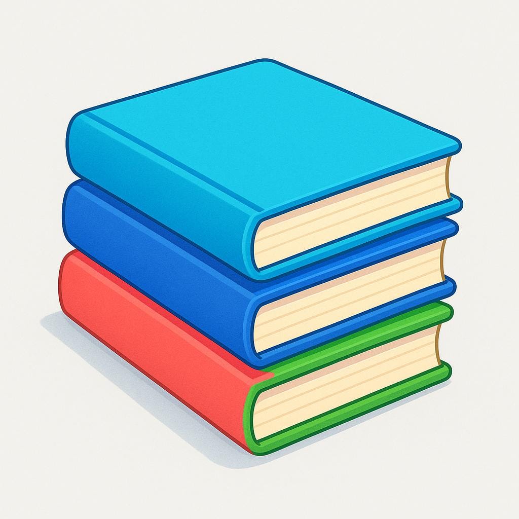 A slightly tilted stack of three identical, brightly colored books, emphasizing the single top book as one volume in a series.