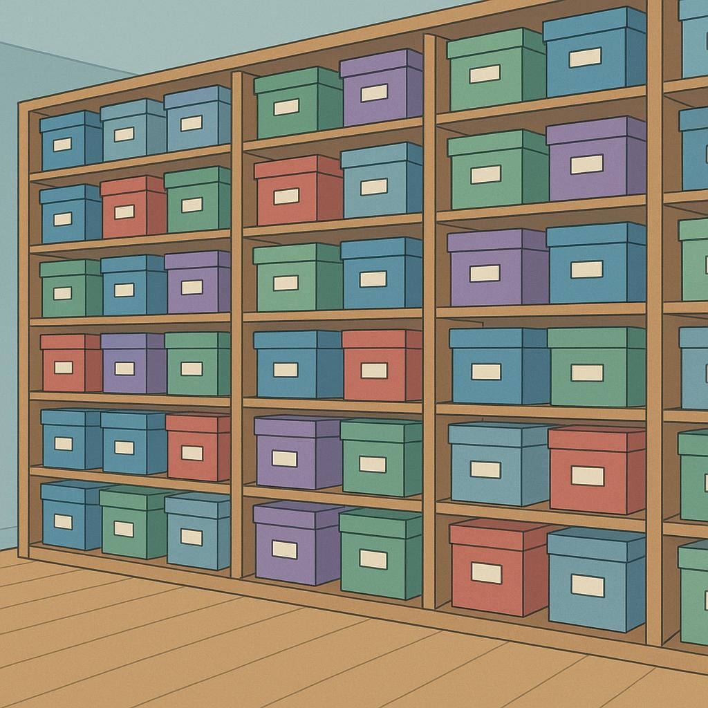 A neat, organized room with tall shelves completely filled with identical storage boxes, symbolizing a reserve or supply bank.