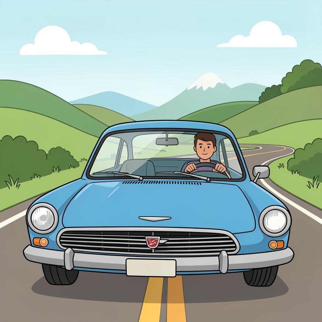 A person sitting in the driver's seat of a classic blue car, holding the steering wheel and looking ahead at a winding road.