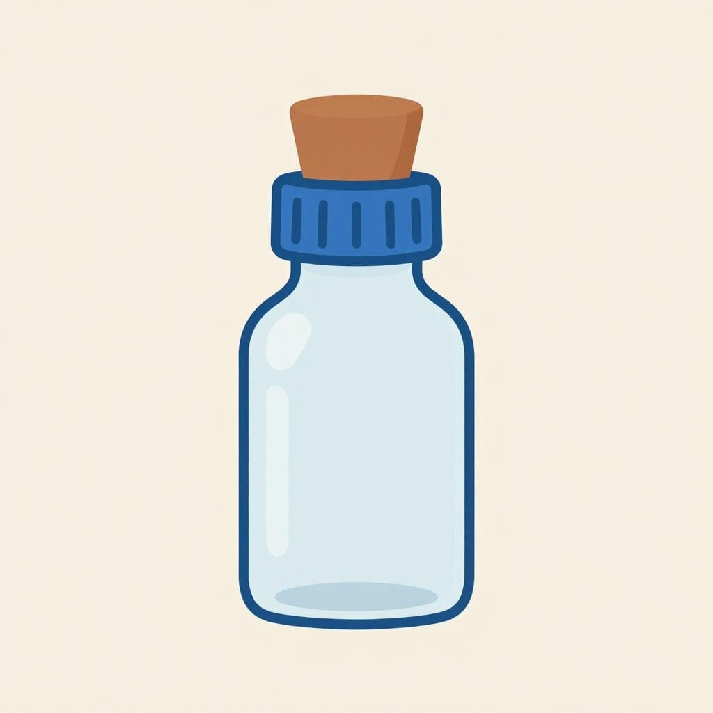 A small clear glass vial with a blue cap sitting on a white surface.