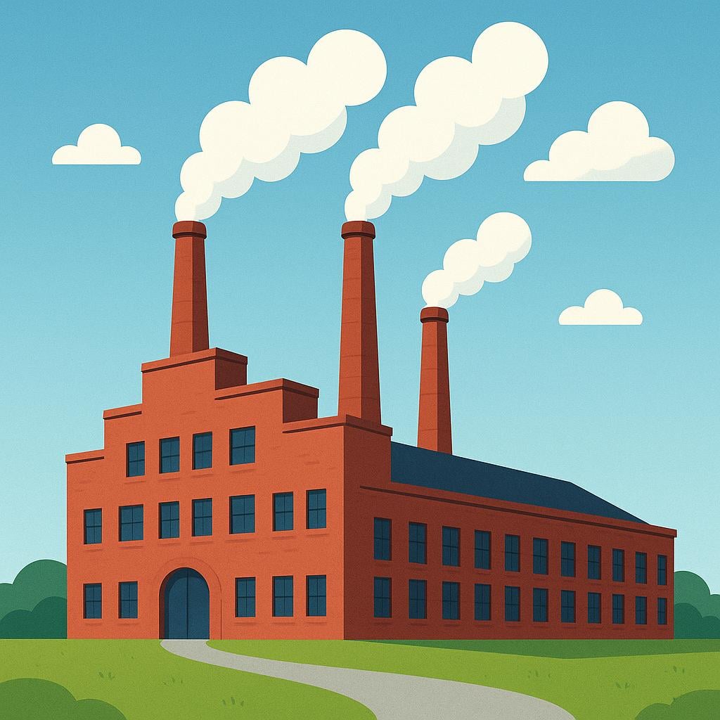A large, simple factory building with multiple smoke stacks releasing white steam, set against a bright blue sky.