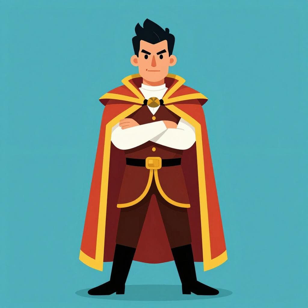 Um homem em pé com o nariz empinado e os braços cruzados, olhando para os outros com uma expressão altiva.