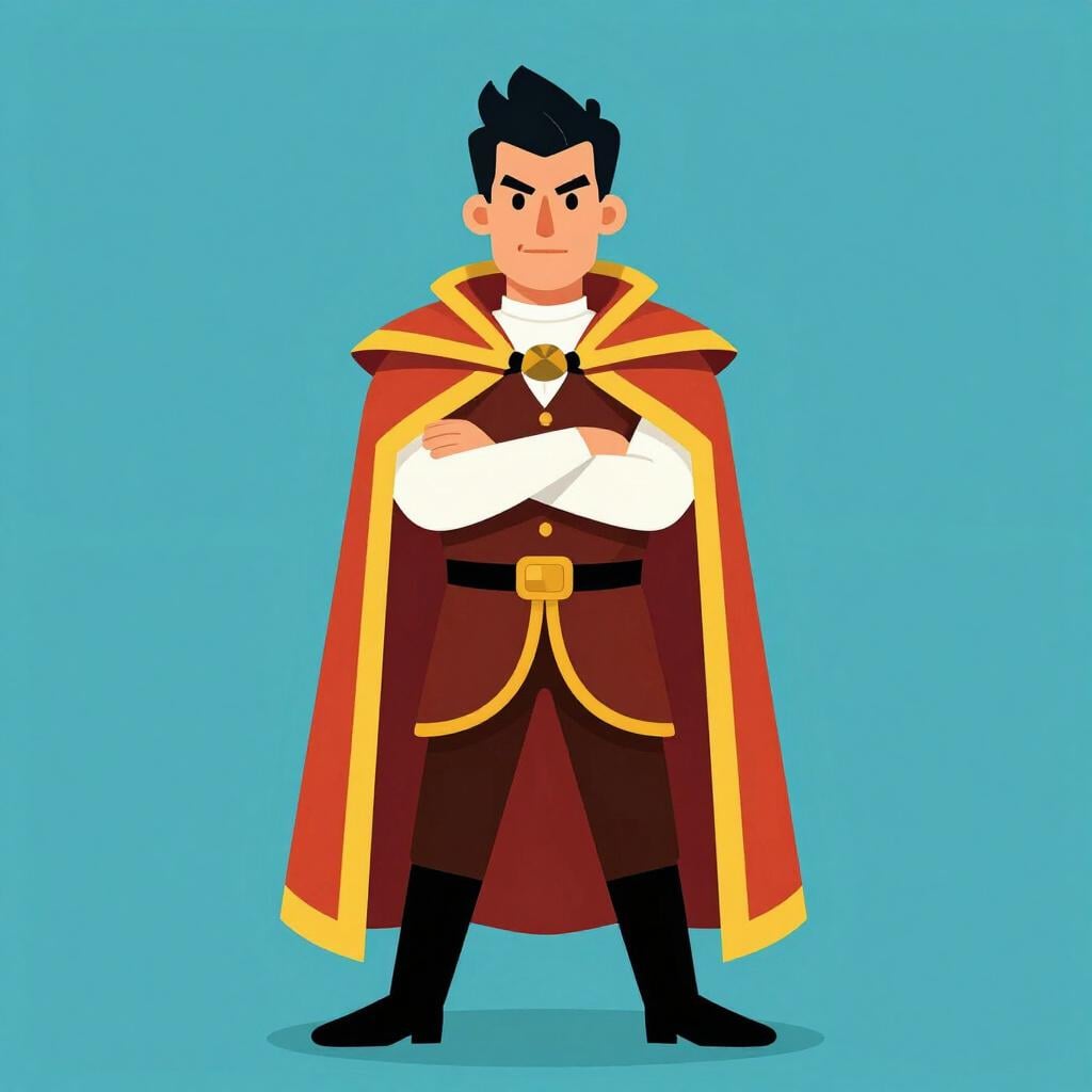 Um homem em pé com o nariz empinado e os braços cruzados, olhando para os outros com uma expressão altiva.