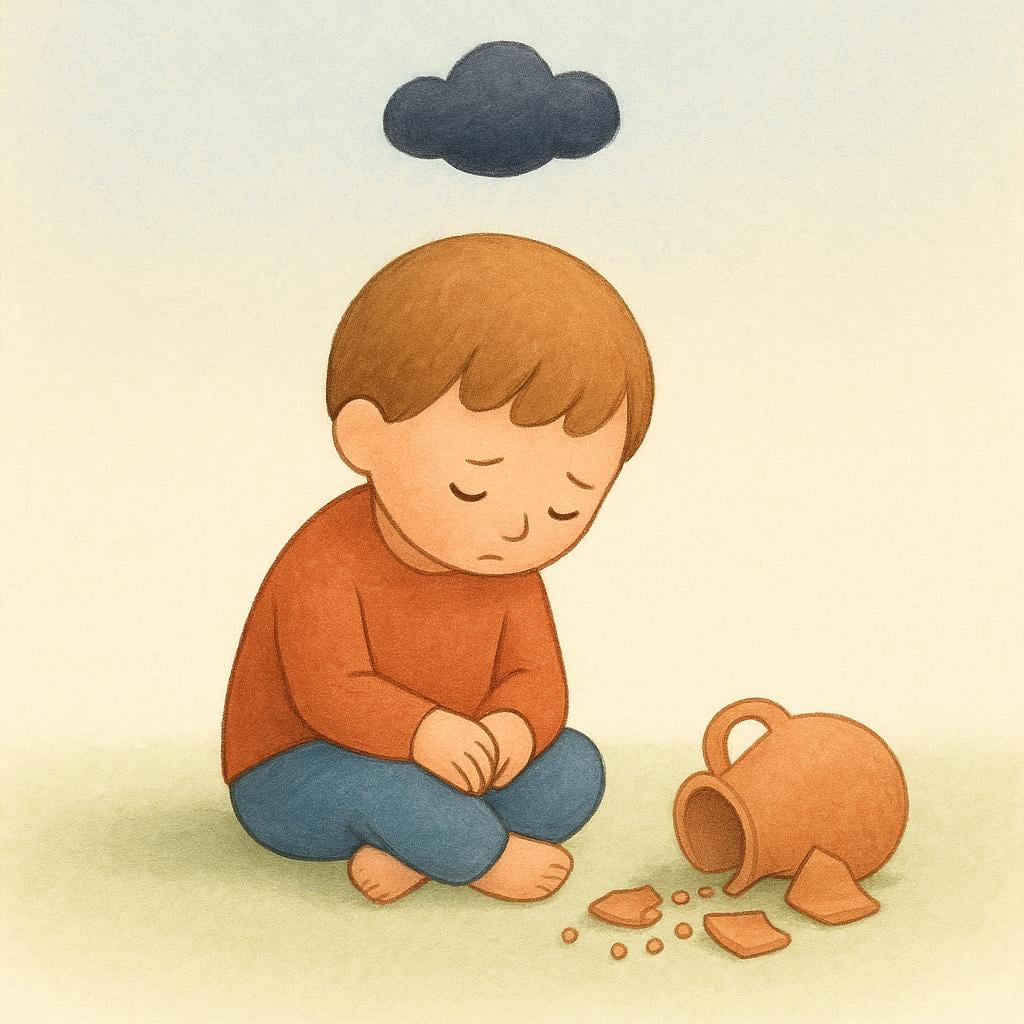 A small, sad figure sitting on the ground next to a broken ceramic jar, symbolizing a moral mistake or transgression. A single, dark cloud hovers directly above their head.