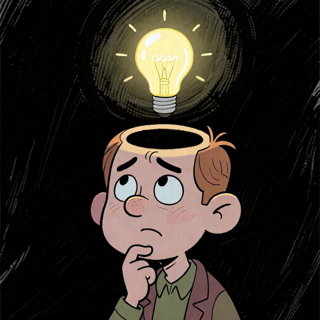 A person with a lightbulb glowing above their head, symbolizing a moment of understanding or realization.