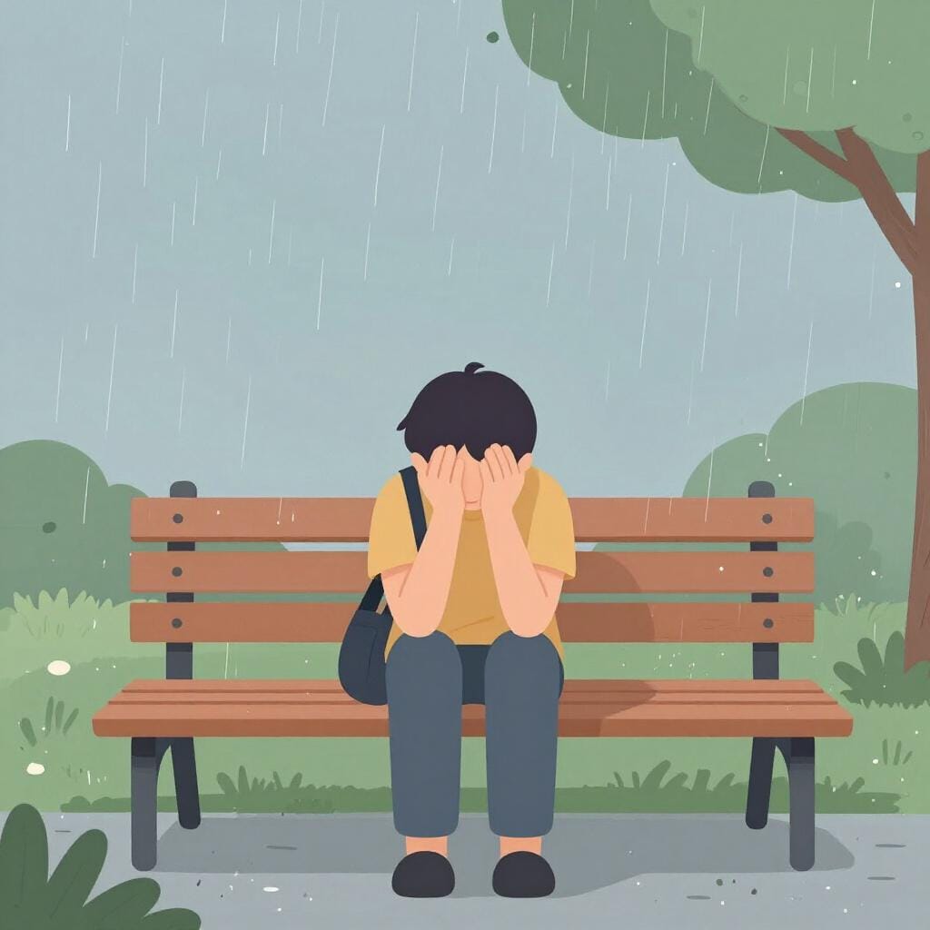 Une personne triste assise sur un banc sous la pluie, l'air très contrariée.