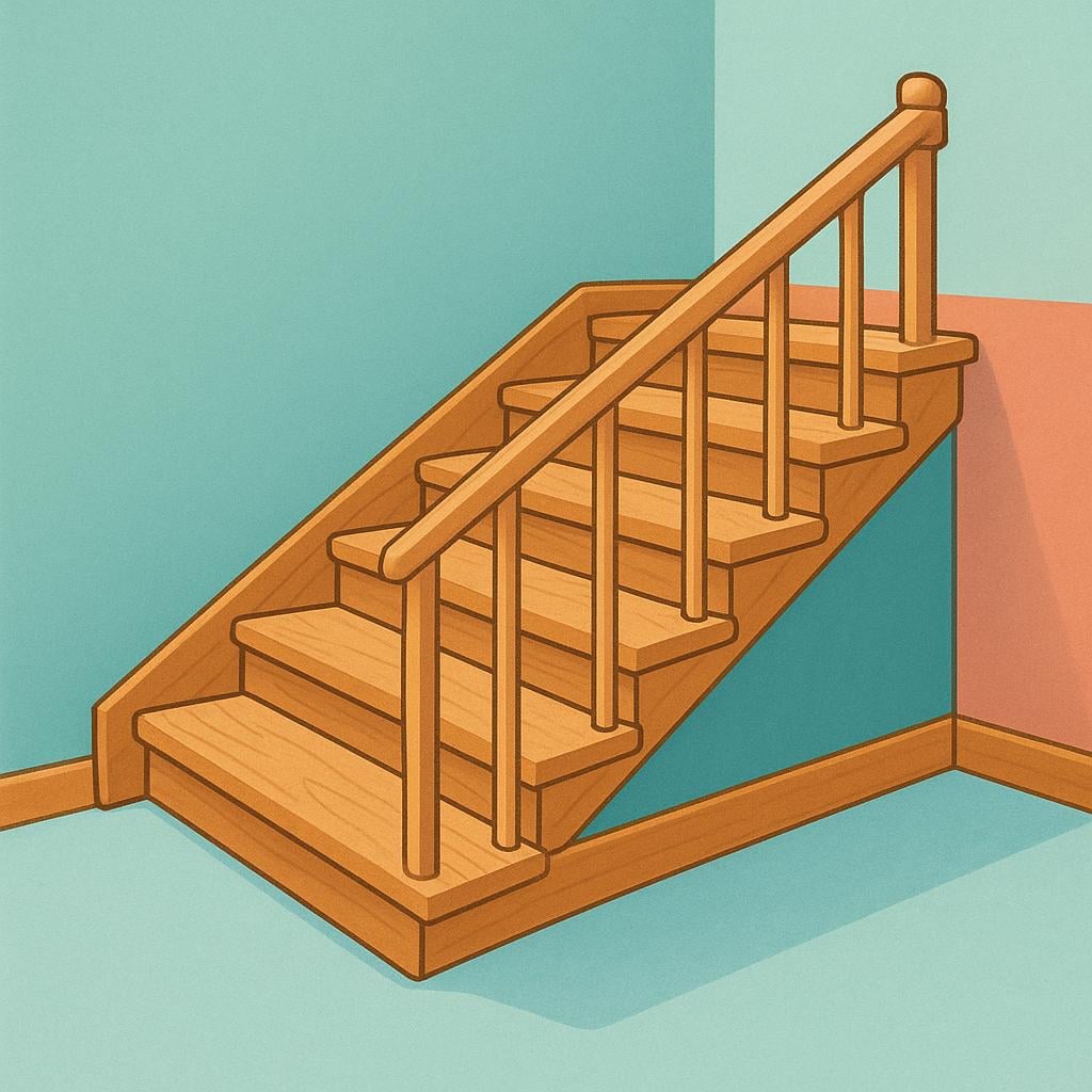A brightly colored wooden staircase featuring a wide, flat landing area between the lower and upper steps.