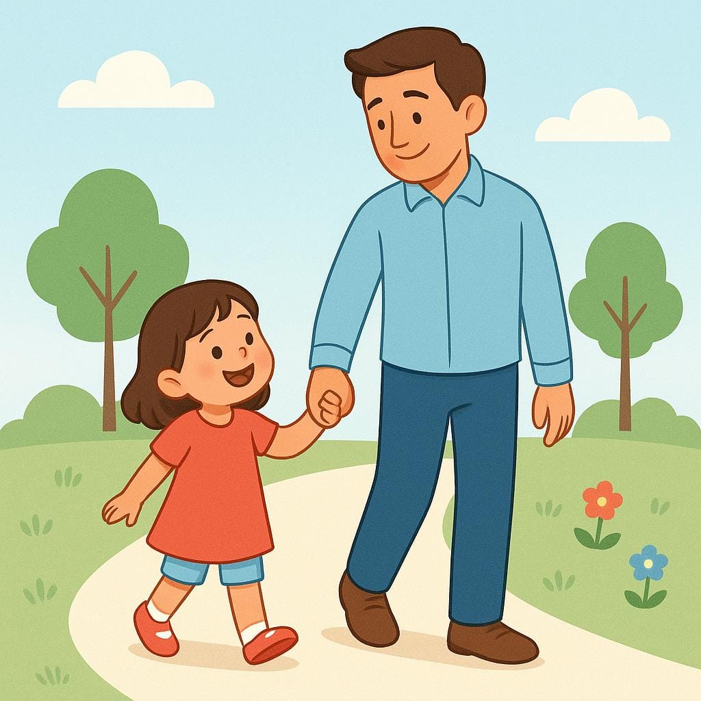 A young, smiling child standing next to a tall adult man, holding his hand affectionately.