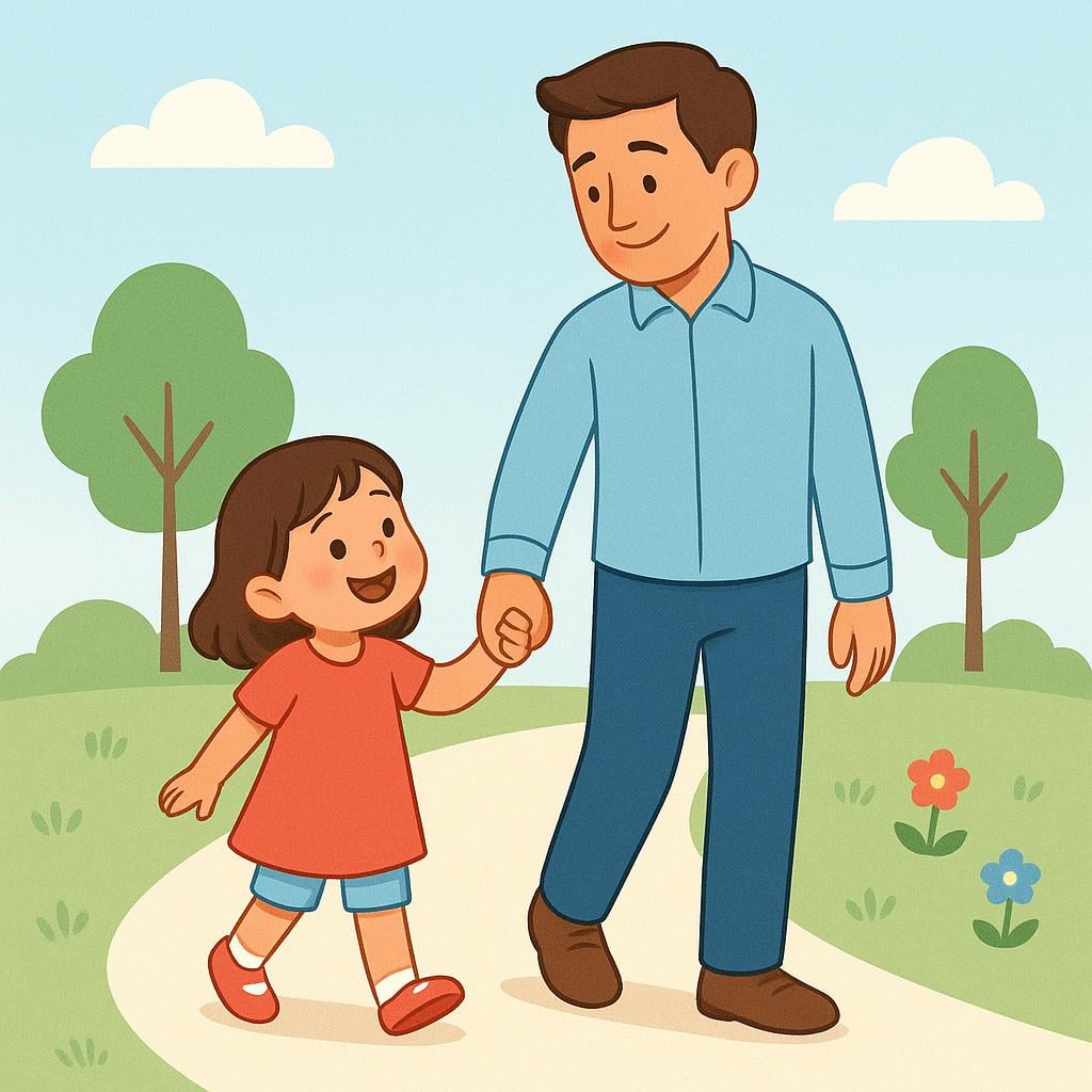 A young, smiling child standing next to a tall adult man, holding his hand affectionately.