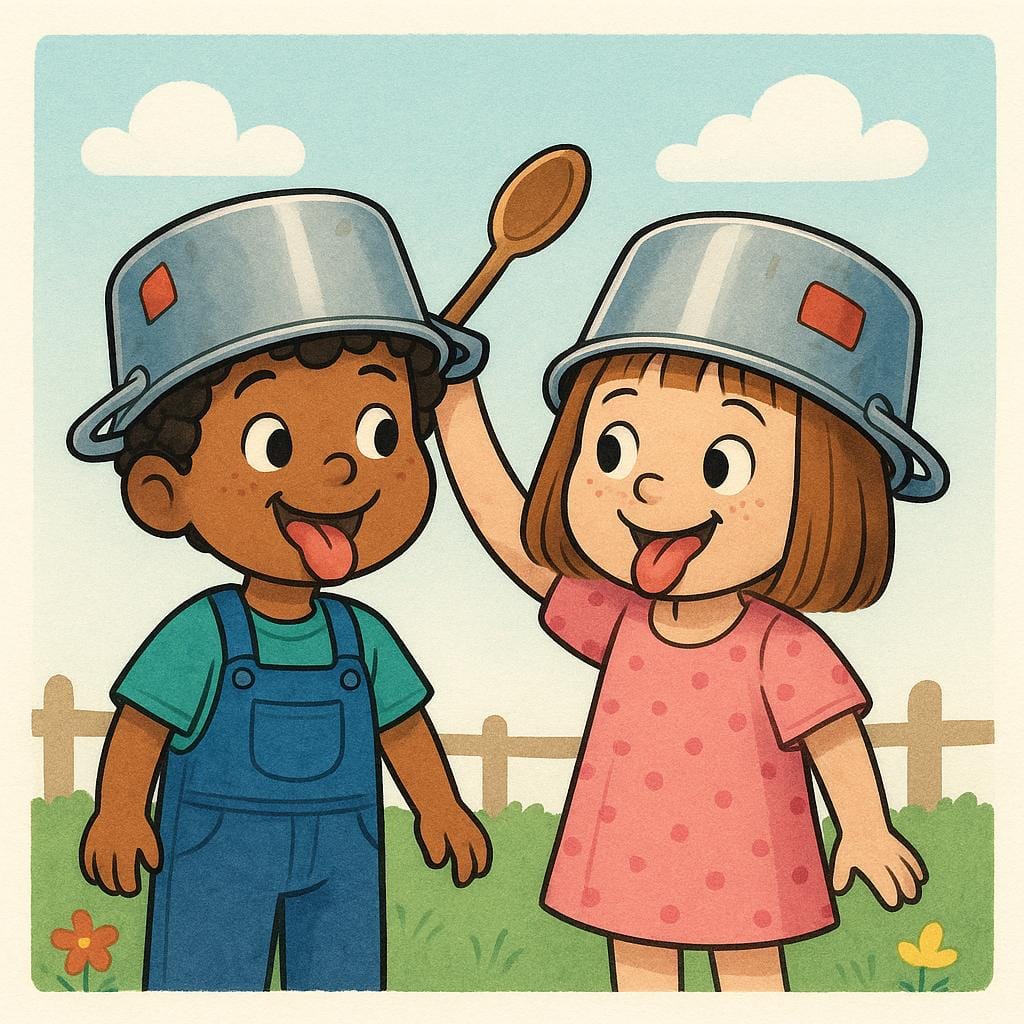 Twee kinderlijke figuren, gekleed in onsamenhangende kleding, die vrolijk een onschadelijk gekke actie uitvoeren, zoals kookpotten als hoeden dragen en hun tong uitsteken.