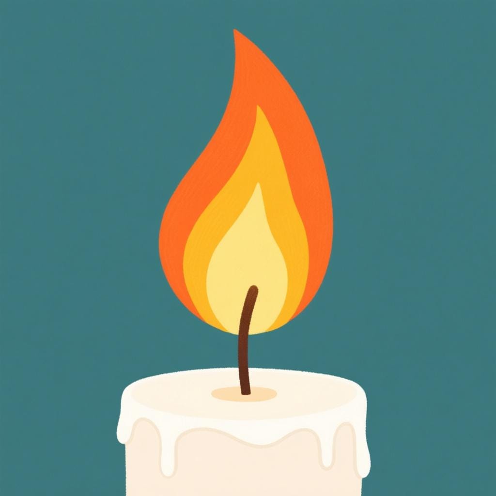 A single, bright yellow and orange flame rising from a simple white candle wick against a dark background.