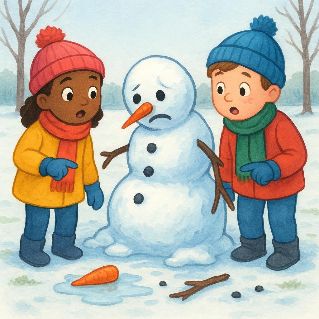 Two children stand next to a large, partially melted snowman, pointing at the evidence with expressions of realization, indicating a strong conjecture about a past event (the heat).