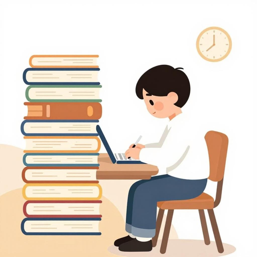 A person sitting at a wooden desk piled high with books, focused on studying with a single lamp lighting the room.