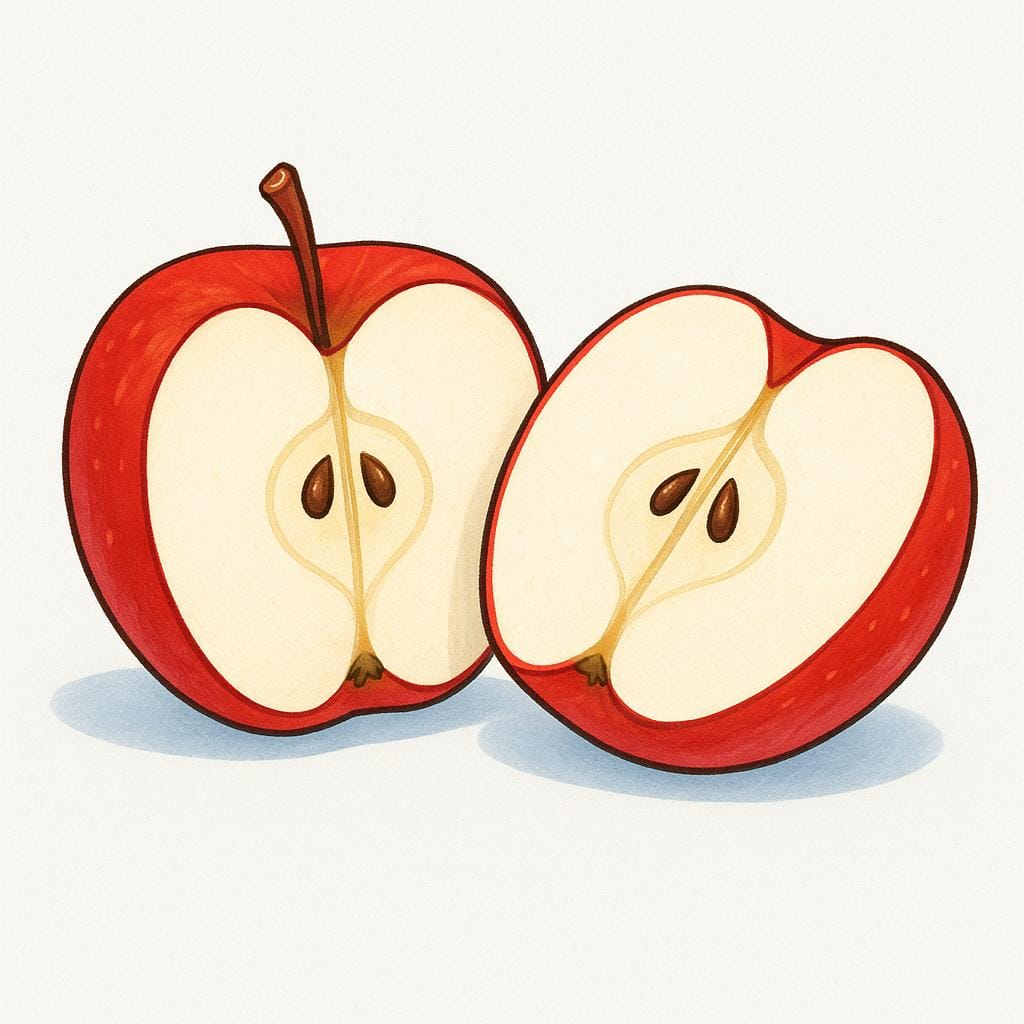 A bright red apple that has been perfectly sliced down the middle, showing two identical halves resting side-by-side on a clean white surface.