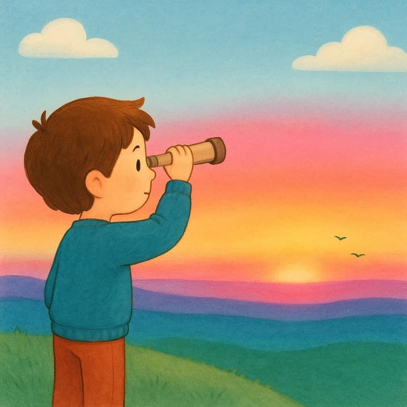 A child stands on a small hill, looking through a simple toy telescope toward a bright, distant, colorful horizon, symbolizing future sight.