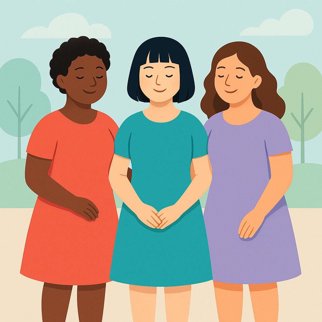 Uma ilustração representando três mulheres sorridentes lado a lado, vestindo vestidos simples e coloridos.