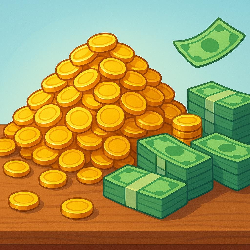 A storybook illustration showing a massive, overflowing pile of golden coins and stacked paper money, representing financial capital.