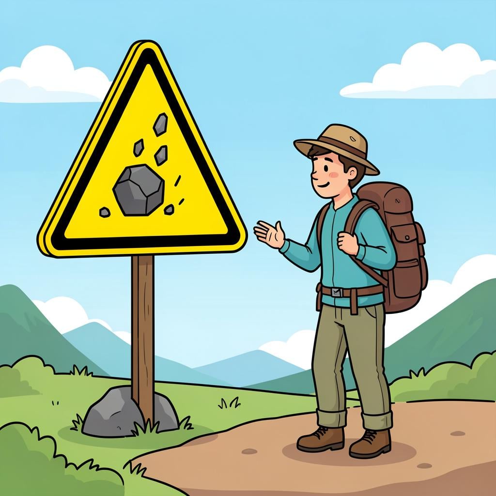 A hiker looking at a clear yellow warning sign with a picture of a boulder on it, standing at the base of a hill.