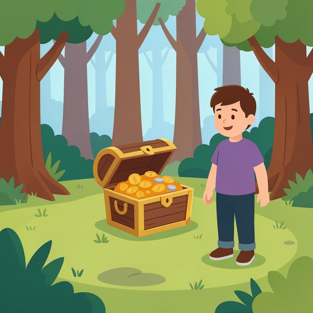 A hiker looking down at a small, colorful treasure chest they have just discovered in the grass.