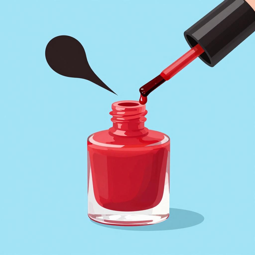 Une petite bouteille de vernis à ongles rouge vif avec le pinceau posé contre l'ouverture.