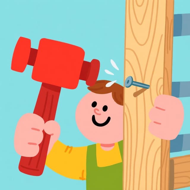 Eine Cartoon-Person, die einen roten Hammer benutzt, um einen Nagel in ein Holzbrett zu schlagen, was den Akt des Werkzeuggebrauchs veranschaulicht.