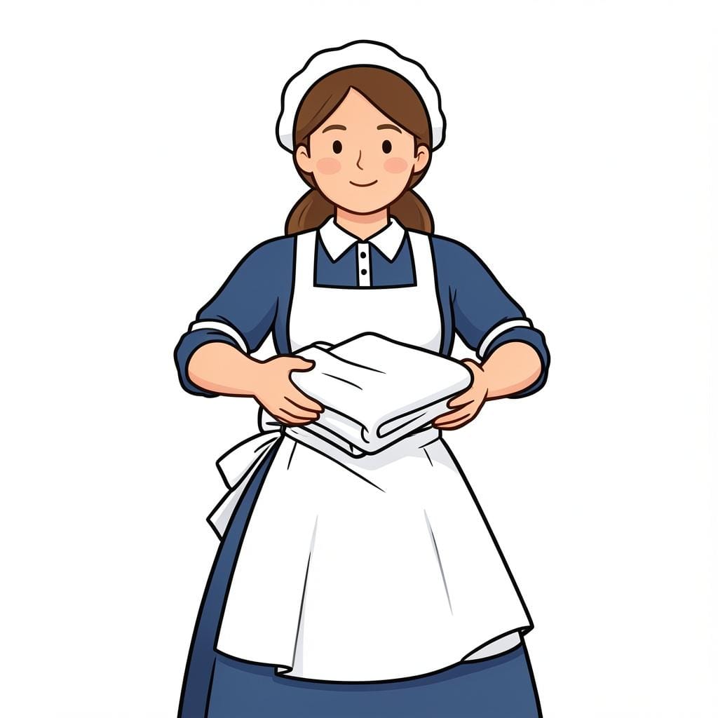 Een vrouwelijke bediende in een nette schort en uniform die een opgevouwen zijden jurk vasthoudt.