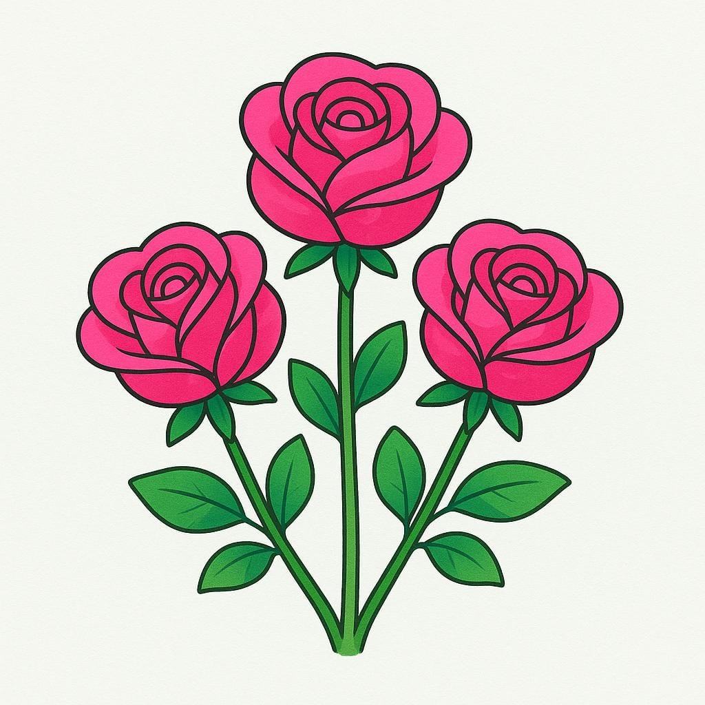 Uma ilustração simples e colorida de três rosas rosa vibrantes com folhas e caules verdes, representadas contra um fundo suave.