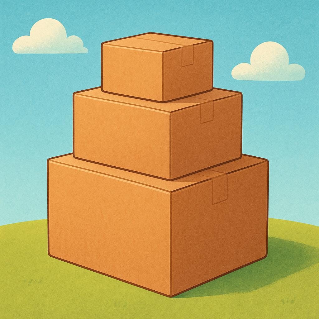 Three stacked brown cardboard boxes of varying sizes, suitable for storage or moving.
