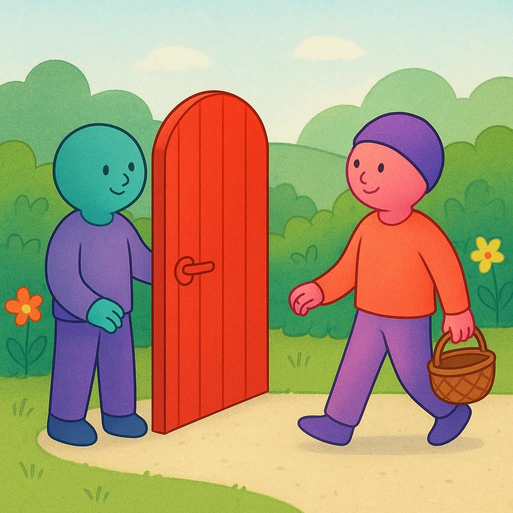A person holding open a bright red garden gate, allowing a second person to walk through, symbolizing permission or allowing access.