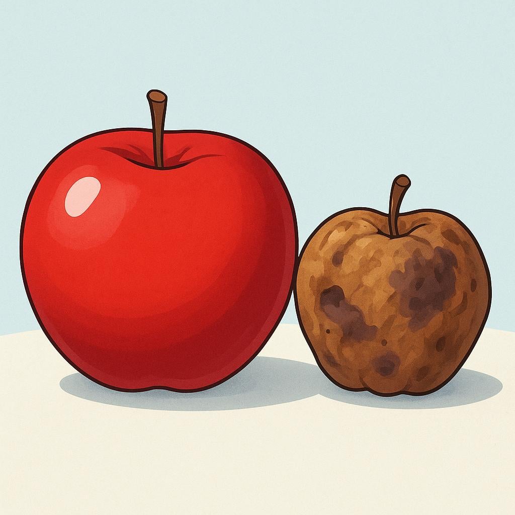 A comparison scene showing a large, shiny, perfect red apple next to a small, bruised, brown apple.