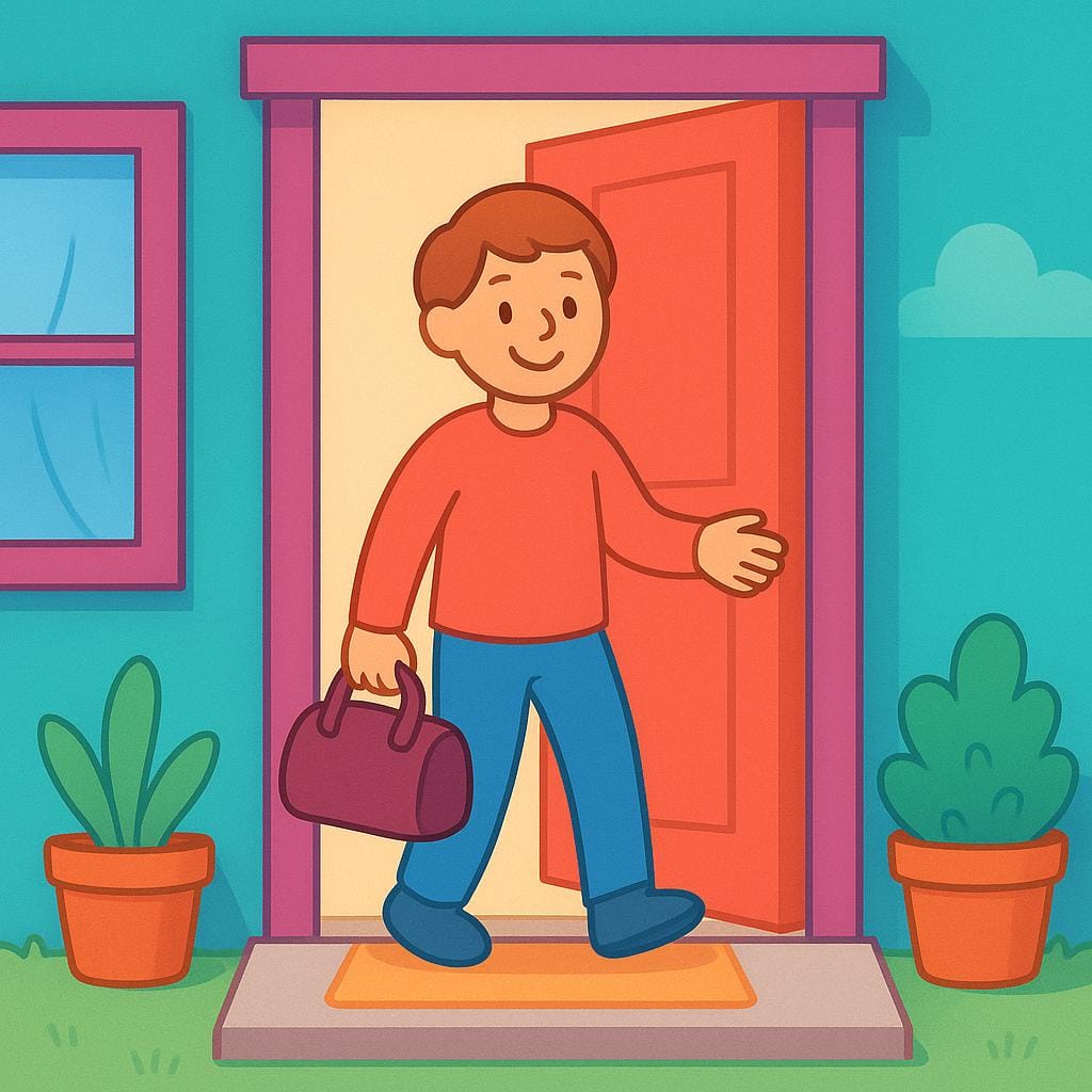 A smiling person with a small suitcase stands on a familiar front porch, looking happy to be home after a journey.