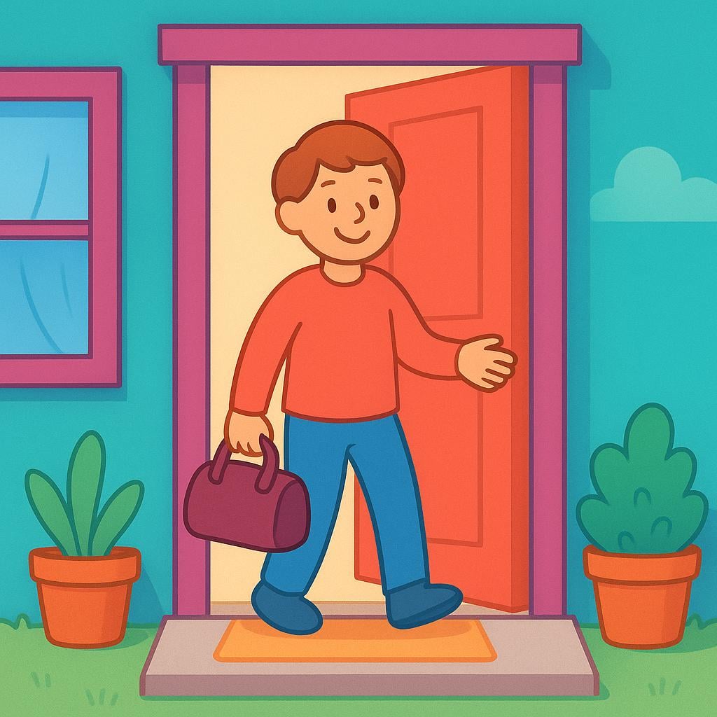 A smiling person with a small suitcase stands on a familiar front porch, looking happy to be home after a journey.