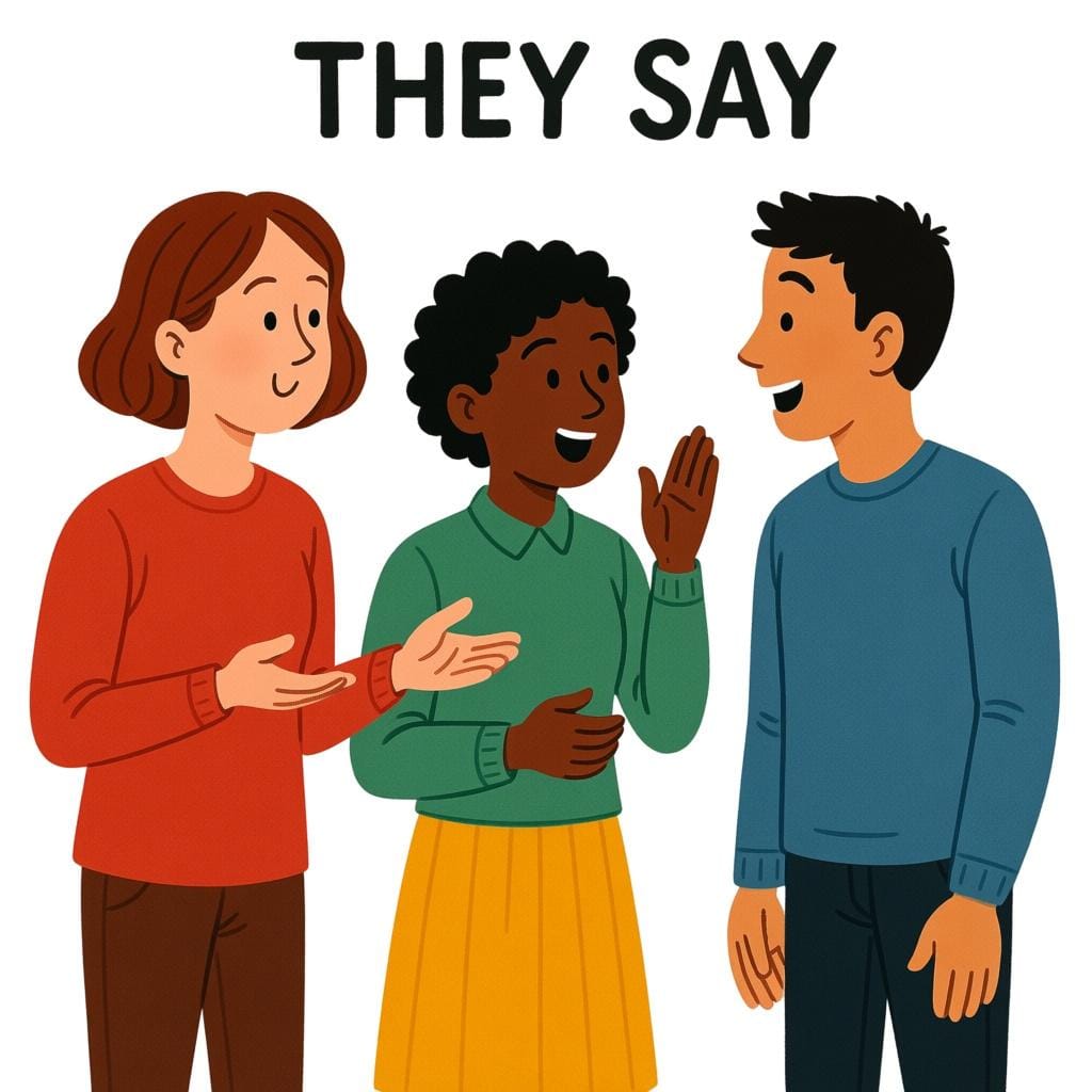 Tre amici in piedi insieme, che parlano chiaramente e si gesticolano l'un l'altro in un ambiente colorato, a rappresentare uno specifico gruppo che parla.